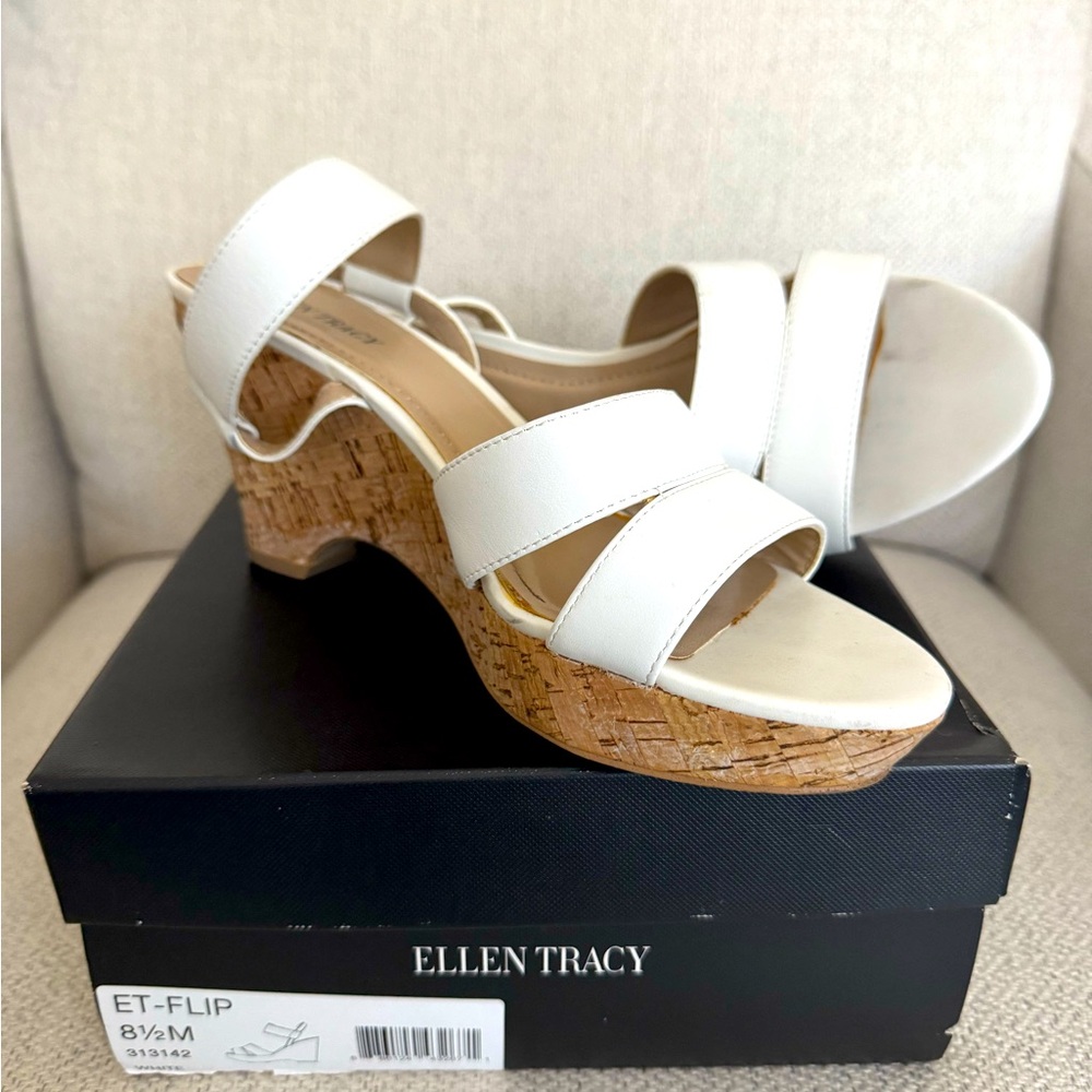 Ellen Tracy Slingback White Leather Open-Toe Wedge Sandals in Women's Size 8.5